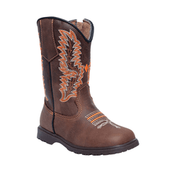 BOTA TEXANA INFANTIL CAFÉ COM BORDADO LARANJA - 70... - Caminhos da Roça