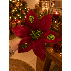 Flor Natalina Poinsetia Vermelho com Verde Lantejo... - BARBIZAN DECORE