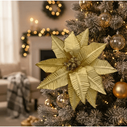 Flor Natalina Poisentia Dourada Com Brilho 23cm - ... - BARBIZAN DECORE