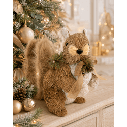 Esquilo Grande Natal Em Pé Palha Bege E Branco Bri... - BARBIZAN DECORE