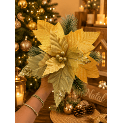 Flor Natalina Poinsetia Dourada Veludo E Telinha T... - BARBIZAN DECORE