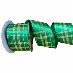 Fita Natalina Aramada 6,3cm Cetim Verde Com Dourad... - BARBIZAN DECORE