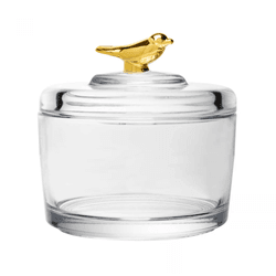 Pote com Tampa Golden Bird 7,5cm x 7cm x 8,5cm Cri... - BARBIZAN DECORE