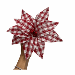 Flor de Natal Xadrez Vermelho e Branco - 43762 - BARBIZAN DECORE