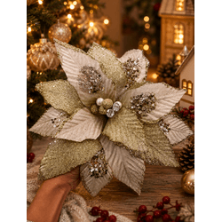 Flor Natalina Poinsetia Champagne Glitter Luxo Nat... - BARBIZAN DECORE