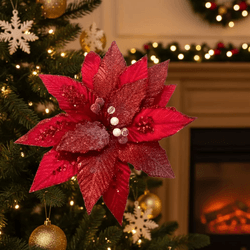 Flor De Natal Poinsetia Vermelha Veludo Glitter Lu... - BARBIZAN DECORE