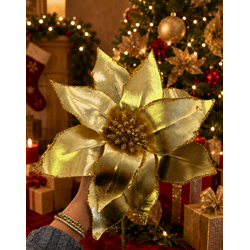 Flor Natalina Poinsetia Dourada Brilho Tok Da Casa... - BARBIZAN DECORE