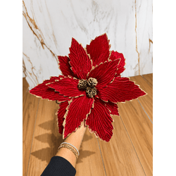 Flor Natalina Grande Veludo Vermelho Com Pinha Beg... - BARBIZAN DECORE