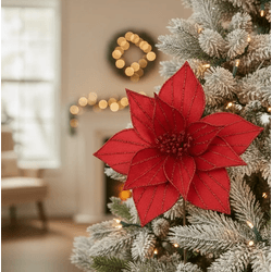 Flor Natalina Flor De Natal Vermelho Veludo Com Gl... - BARBIZAN DECORE