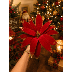 Flor De Natal Grande Veludo Vermelho Com Brilho Do... - BARBIZAN DECORE