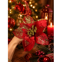 Flor Natalina Poinsetia Veludo Vermelho Com Dourad... - BARBIZAN DECORE