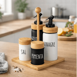 Galheteiro 5 Peças Com Suporte Bambu Saleiro Pimen... - BARBIZAN DECORE