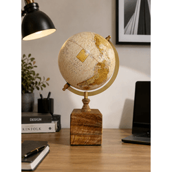 Globo Terrestre Decorativo Base Madeira Metal Bege... - BARBIZAN DECORE