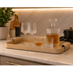 Bandeja Decorativa Revestimento Pu Alças Bege Dour... - BARBIZAN DECORE