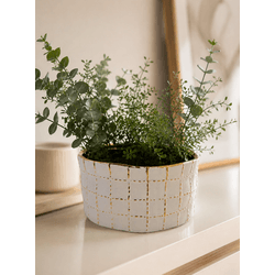 Cachepot Redondo Decorativo Cerâmica Branco E Dour... - BARBIZAN DECORE
