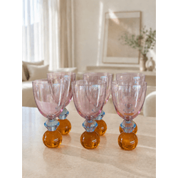 Jogo De 6 Taças Vidro Rosa Base Diamante Azul e Es... - BARBIZAN DECORE