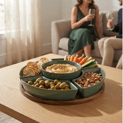 Petisqueira Em Madeira Com 5 Bowls Em Cerâmica Ver... - BARBIZAN DECORE