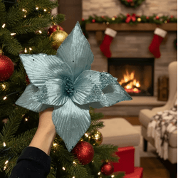 Flor Natalina Poisentia Azul Com Glitter 28cm - 43... - BARBIZAN DECORE
