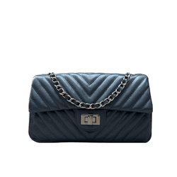 Bolsa Kiara Média Chevron Couro Azul Marinho Grafi... - Look My Bag