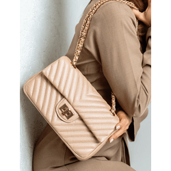 Bolsa Kiara Média Chevron Couro Nude com Ferragens... - Look My Bag
