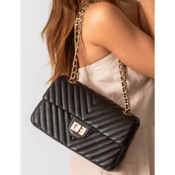 Bolsa Kiara Média Chevron Couro Preto com Ferragen... - Look My Bag