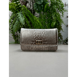 Bolsa Livia Couro Croco Metalizado Prata Velho - Look My Bag
