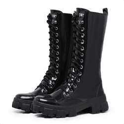 Bota Coturno Cano Longo Alto Blogueiras Preto Vern... - Myrol Outlet