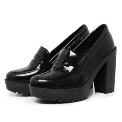 Mocassim Feminino Oxford Salto Alto Preto Verniz -... - Myrol Outlet