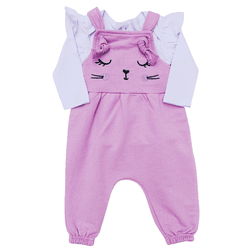 Jardineira Lilás Ursinho e Blusa Manga Longa Branc... - Novelinhos Moda Infantil