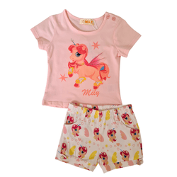 Conjunto Blusa Rosa Unicórnio e Short Branco Estam... - Novelinhos Moda Infantil