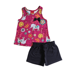 Conjunto Blusa Roxa Estampada e Short Preto Kyly -... - Novelinhos Moda Infantil