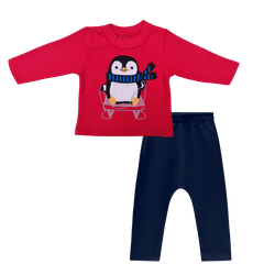 Conjunto moletom vermelho pinguim e calça azul mar... - Novelinhos Moda Infantil