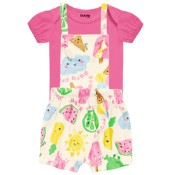 Jardineira bebê off white estampada e body rosa Fa... - Novelinhos Moda Infantil
