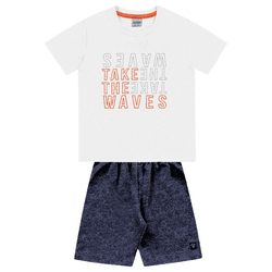 Conjunto camiseta branca escritas e bermuda azul m... - Novelinhos Moda Infantil