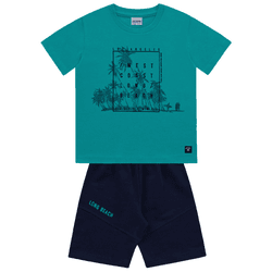 Conjunto camiseta verde água coqueiros e bermuda a... - Novelinhos Moda Infantil
