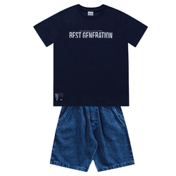 Conjunto camiseta azul marinho e bermuda jeans Fak... - Novelinhos Moda Infantil