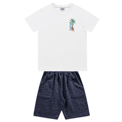 Conjunto camiseta branca summer e bermuda azul mar... - Novelinhos Moda Infantil