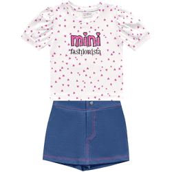 Conjunto blusa branca corações e short saia azul t... - Novelinhos Moda Infantil