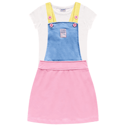 Salopete tricolor rosa azul e amarelo e blusa bran... - Novelinhos Moda Infantil