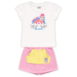 Conjunto blusa branca arco irís e short saia rosa ... - Novelinhos Moda Infantil