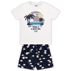 Conjunto camiseta branca praia e bermuda azul mari... - Novelinhos Moda Infantil