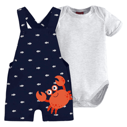 Jardineira bebê azul marinho caranguejo com body m... - Novelinhos Moda Infantil