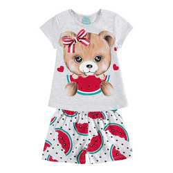 Pijama blusa mescla white urso e short mescla mela... - Novelinhos Moda Infantil