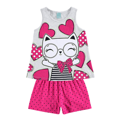 Pijama regata mescla white gatinha e short pink po... - Novelinhos Moda Infantil