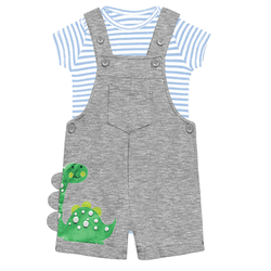 Jardineira bebê mescla dinossauro com body azul li... - Novelinhos Moda Infantil