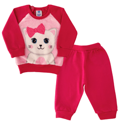 Conjunto bebê moletom pelucia pink gatinha - 476 - Novelinhos Moda Infantil
