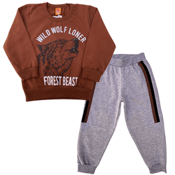 Conjunto Moletom Marrom Lobo e Calça Mescla - 487 - Novelinhos Moda Infantil