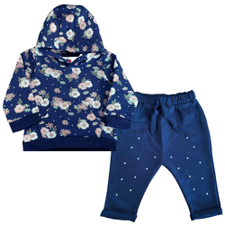 Conjunto bebê moletom azul marinho floral com capu... - Novelinhos Moda Infantil