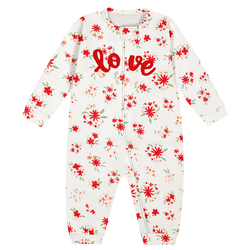 Macacão malha premium off white e vermelho floral ... - Novelinhos Moda Infantil