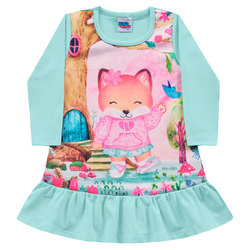 Vestido bebê raposa malha peluciada verde mineral ... - Novelinhos Moda Infantil